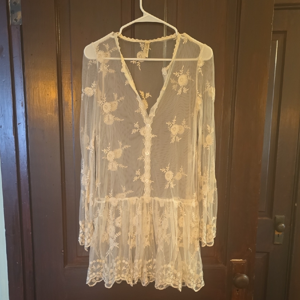 Cream Ruffled Bell Sleeve Dress